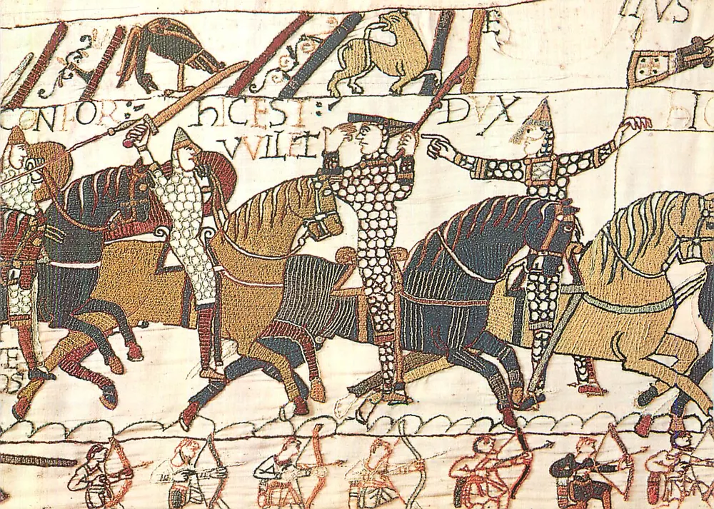 Tapeçaria de Bayeux — Guilherme levanta seu capacete e Eustáquio de Boulogne o faz reconhecer por suas tropas — Coleção Cidade de Bayeux, n°35 - Frente