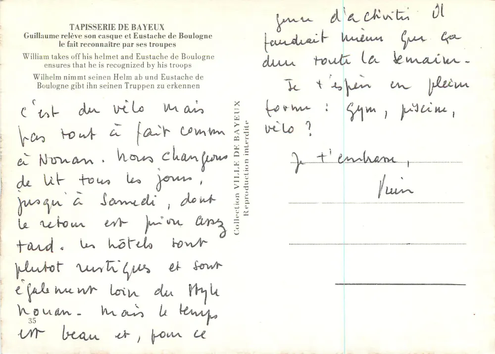 Tapeçaria de Bayeux — Guilherme levanta seu capacete e Eustáquio de Boulogne o faz reconhecer por suas tropas — Coleção Cidade de Bayeux, n°35 - Verso