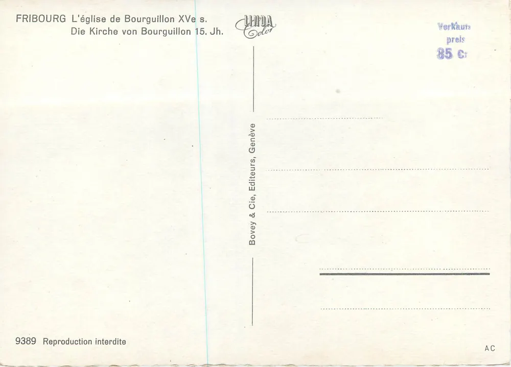 Igreja Nossa Senhora do Carmo de Bourguillon — Fribourg — editor Bovey & Cie, Genève, n° 9389 - Verso