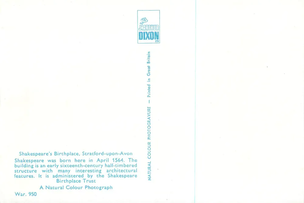 Luogo di nascita di Shakespeare — Stratford-upon-Avon — J. Arthur Dixon Ltd - Verso