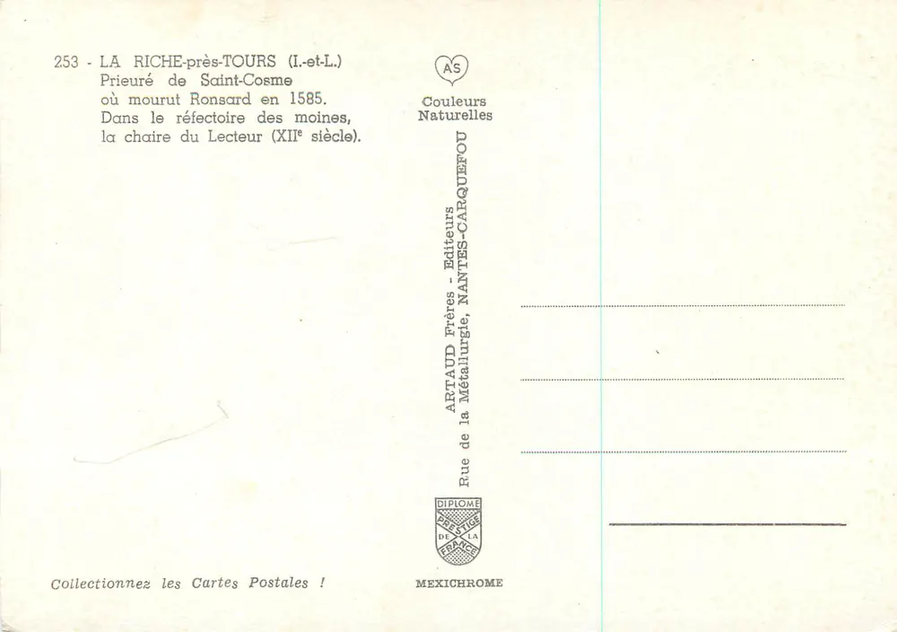 La Riché-près-Tours — Prieuré de Saint-Cosme — éditeur Artaud Frères, Nantes - Verso