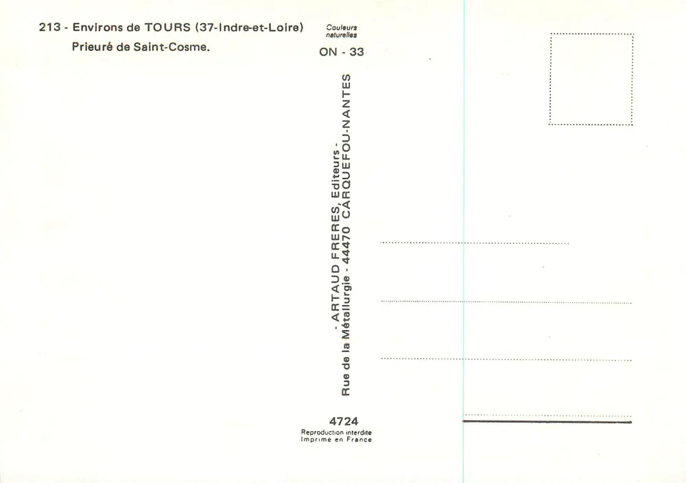 Prieuré de Saint-Cosme — Ruinen, Gebäude und Innenraum — Artaud Frères, Nantes - Rückseite