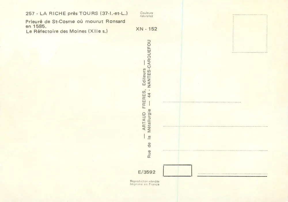 Prieuré de Saint-Cosme — Le Réfectoire des Moines — La Riche près Tours - Verso