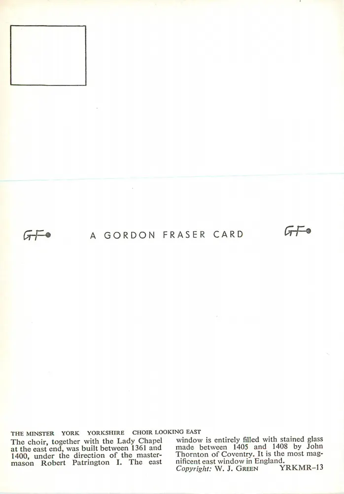 York Minster — Cappella e cappella della Vergine vista verso est — A Gordon Fraser Card - Verso