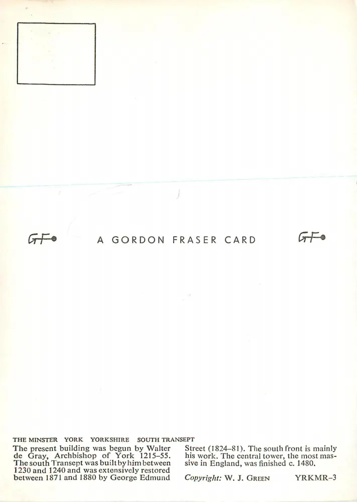 York Minster — South Transept and central tower — A Gordon Fraser Card - Back
