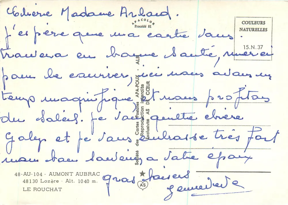 Golyp - Aumont Aubrac - Lozère — vista del arroyo y del pueblo — editor APA-POUX, n° 15.N.37 - Reverso