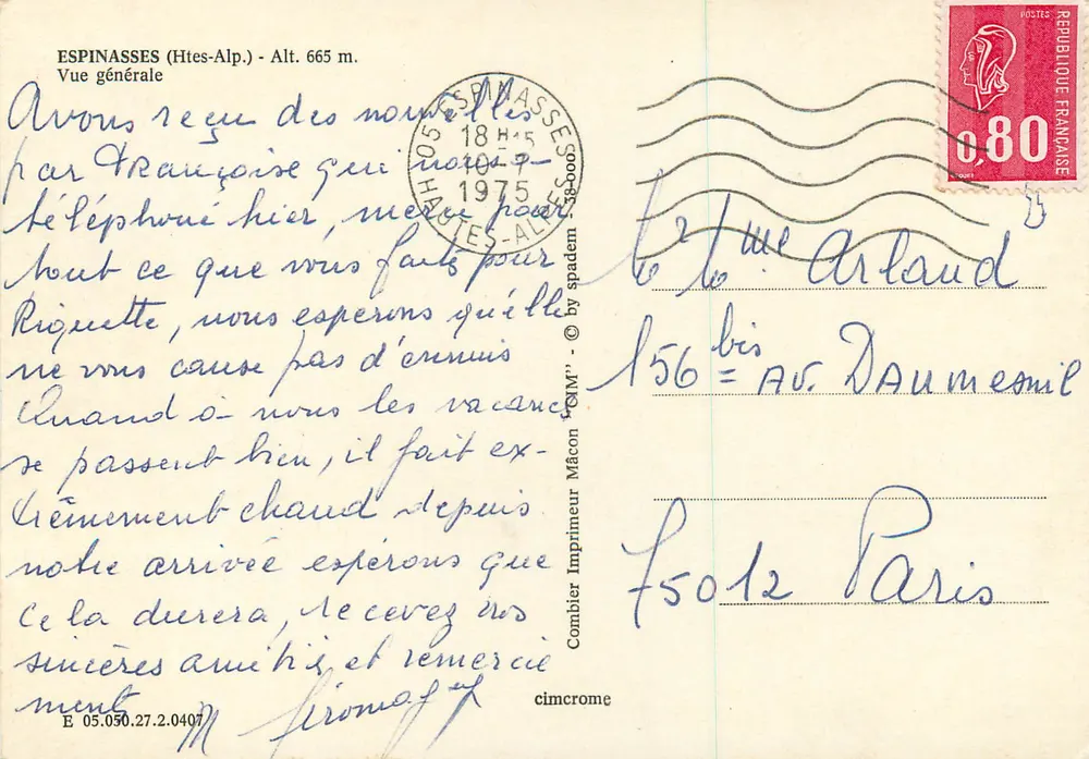 Espinasses (Hautes-Alpes) — Vista geral — Impressor Comblin - Verso
