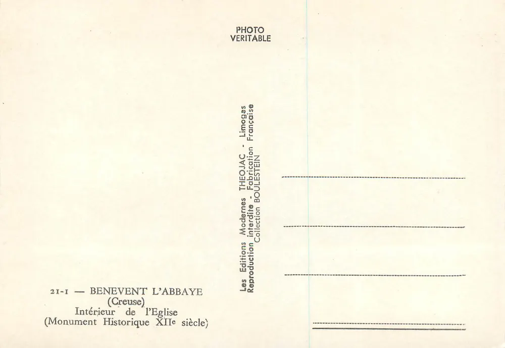 Innenansicht der Abtei Bénévent — Creuse — Verlag Théojac, Nr. 21-1 - Rückseite