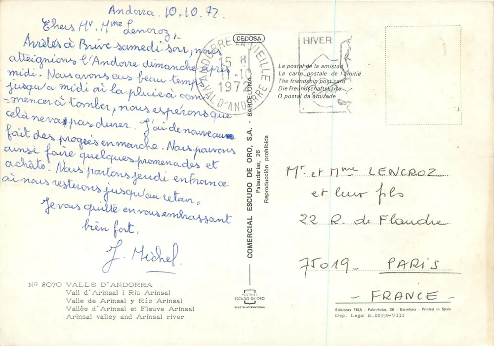 Andorra — Vall d'Arinsal et Río Arinsal — Éditeur ESCUDO DE ORO, n° 2070 - Verso
