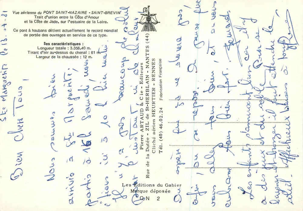 Ponte Saint-Nazaire - Saint-Brevin — Ligação entre a Côte d'Amour e o estuário do Loire — Editor Pierre Artaud & Cie - Verso