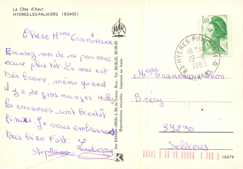 Hyères - Côte d'Azur — Editor MAR, n° 10476 - Verso