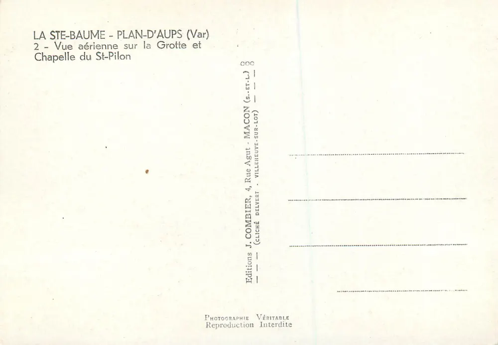 St. Baume - Plan-d'Aups (Var) — Luftbild der Grotte und Kapelle des St-Pilon — J. Combier - Rückseite