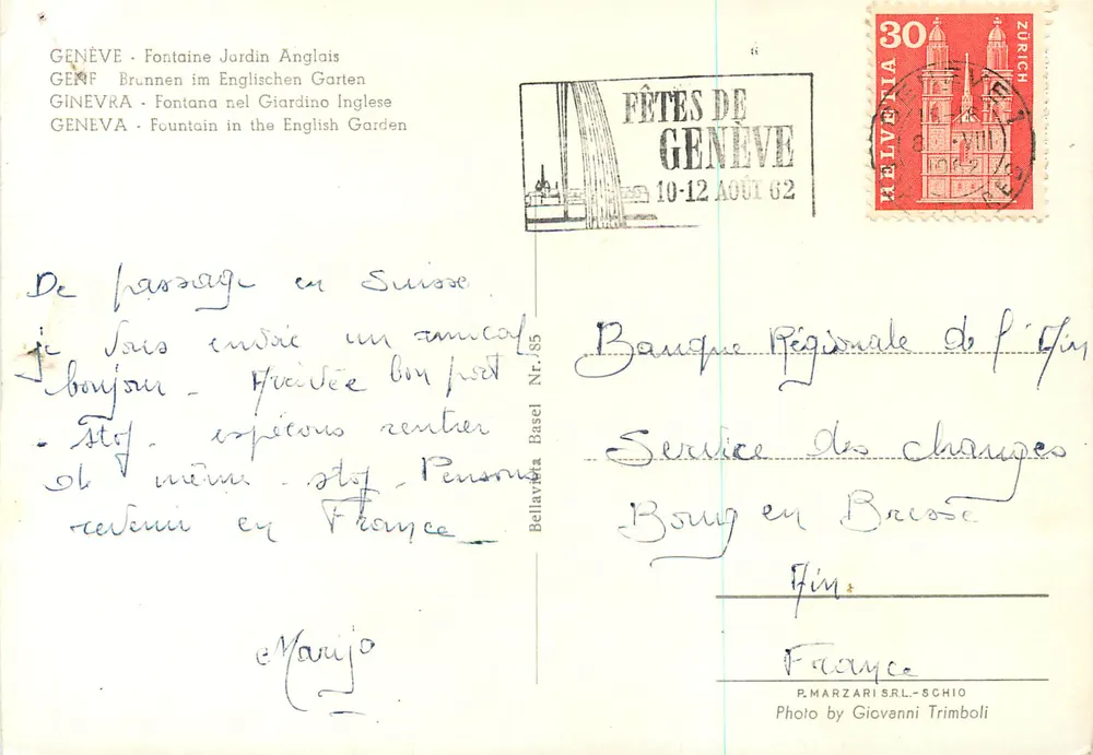 Genève - Fontaine Jardin Anglais — éditeur Bellavera Basel, n°85 - Verso