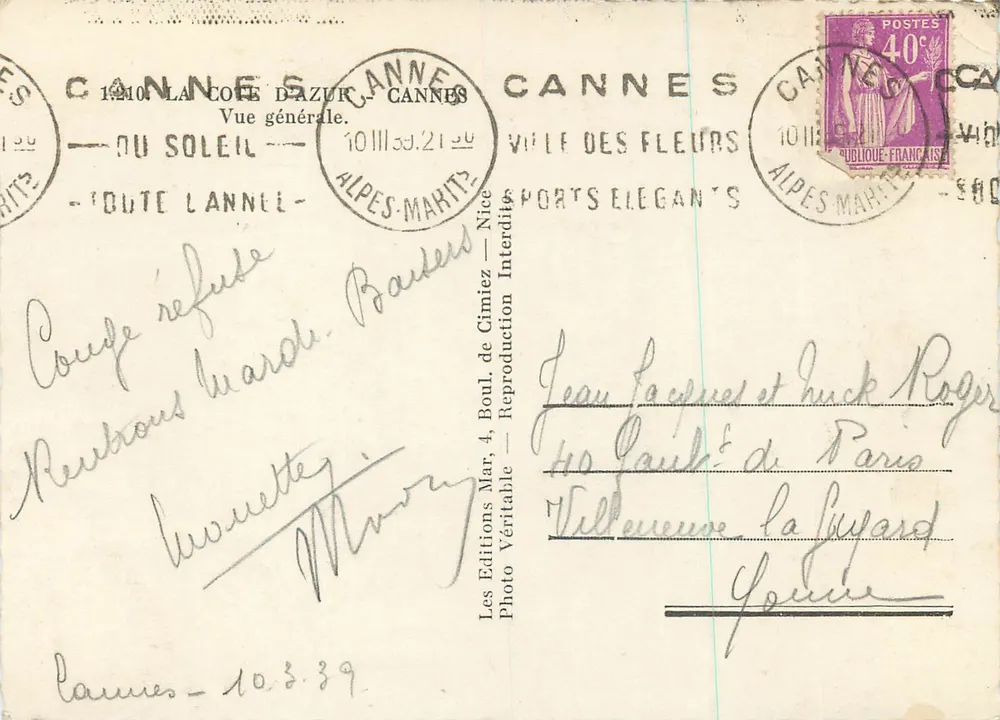Cannes — Vue générale — La Côte d'Azur — Éditeur Les Editions Mar, 4, Boul. de Cimiez — N° 1210 - Verso