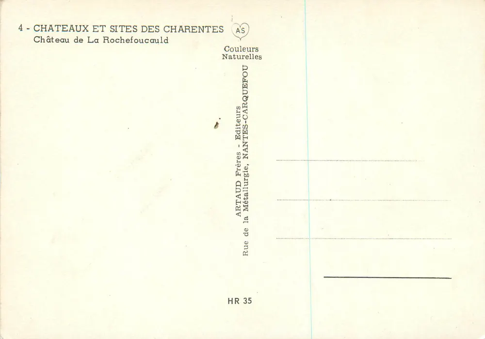 Castelo de La Rochefoucauld — Castelos e Sítios das Charentes — editor ARTAUD Frères, Nantes - Verso
