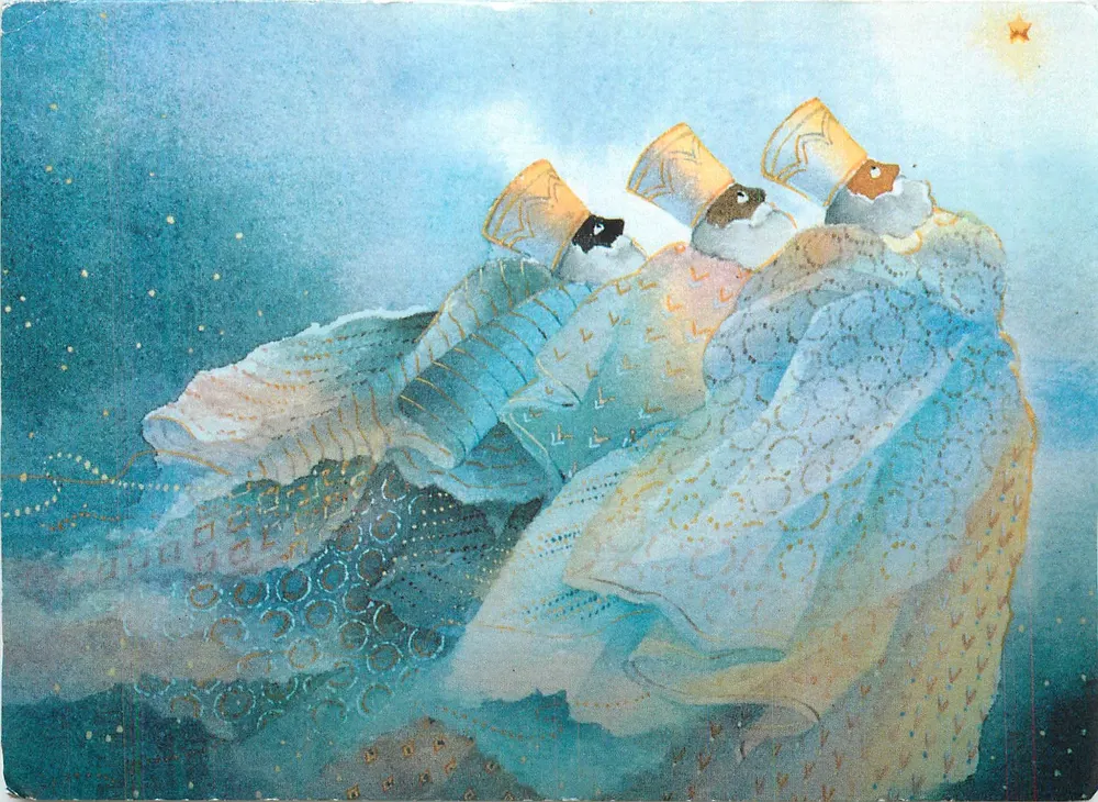 Trois oiseaux en habits de Noël — illustration artistique — éditeur non visible - Frente