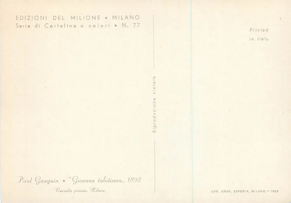 Jovem Tahitiana — Paul Gauguin — Edições Del Milione, série N. 77 - Verso