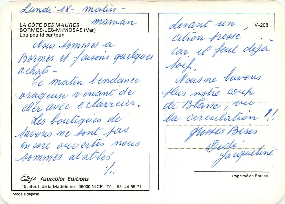 Bormes-les-Mimosas — via animata con ristorante e fiori — Azurcolor Editions, modello V-208 - Verso