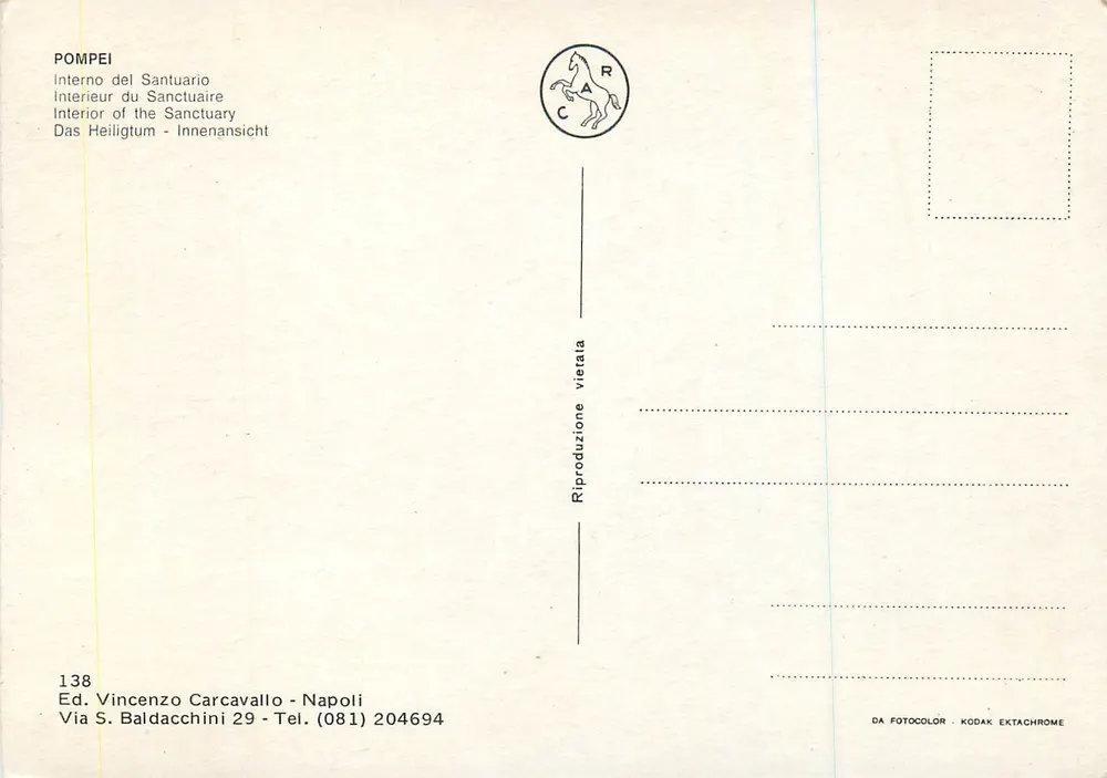 Pompei — Interior do santuário — Ed. Vincenzo Carcavallo, n° 138 - Verso