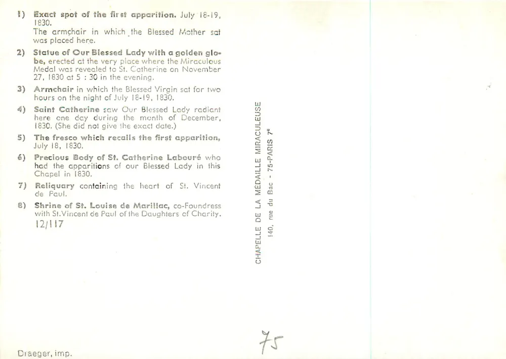 Interior of the chapel of the Miraculous Medal — apparitions of the Virgin to Catherine Labouré — publisher Draeger, n° 12/117 - Back