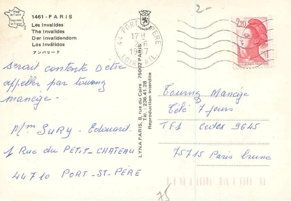 Les Invalides — Paris — Imprimerie de France, n°1461 - Verso