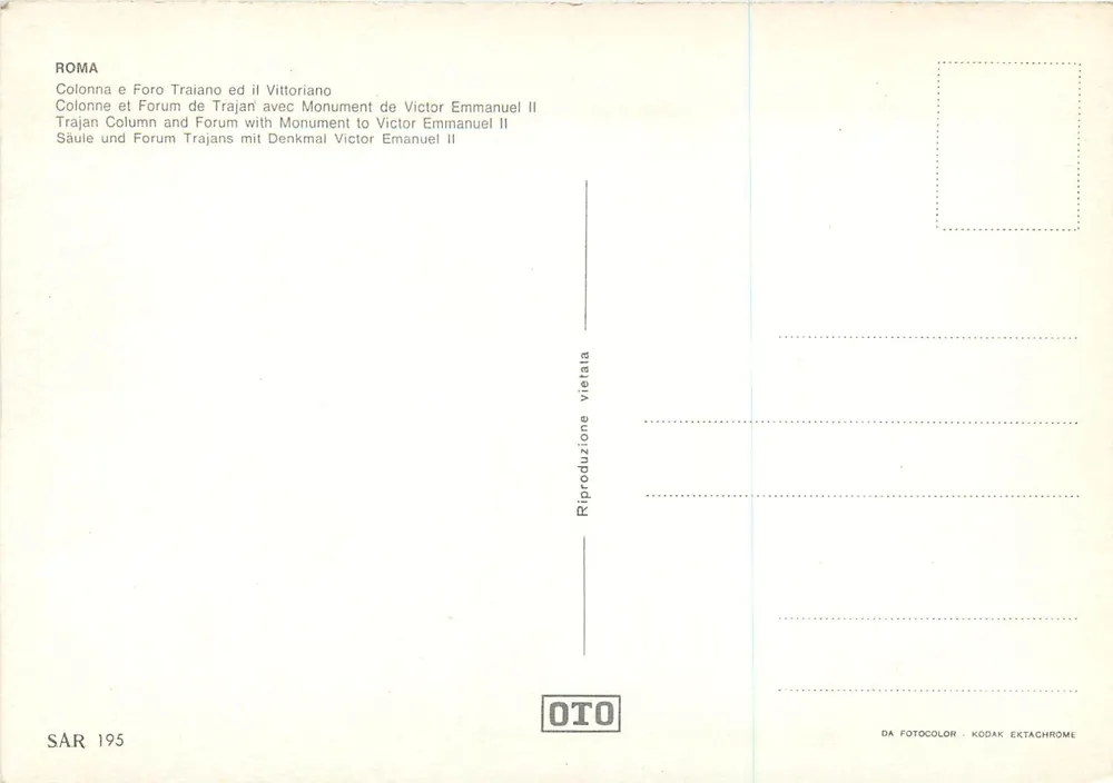 Coluna de Trajano e Fórum de Trajano em Roma — com o Monumento a Vítor-Emmanuel II — editor OTO, série SAR 195 - Verso