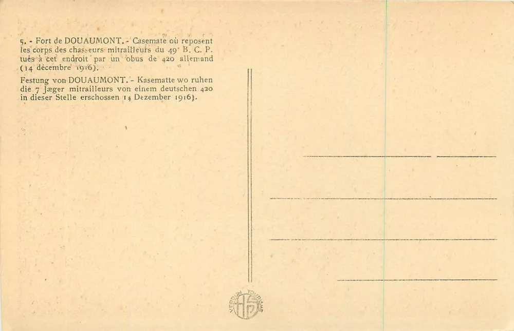 Forte de Douaumont — Casemate dos atiradores de metralhadora do 49e B.C.P. — 14 de dezembro de 1916 - Verso