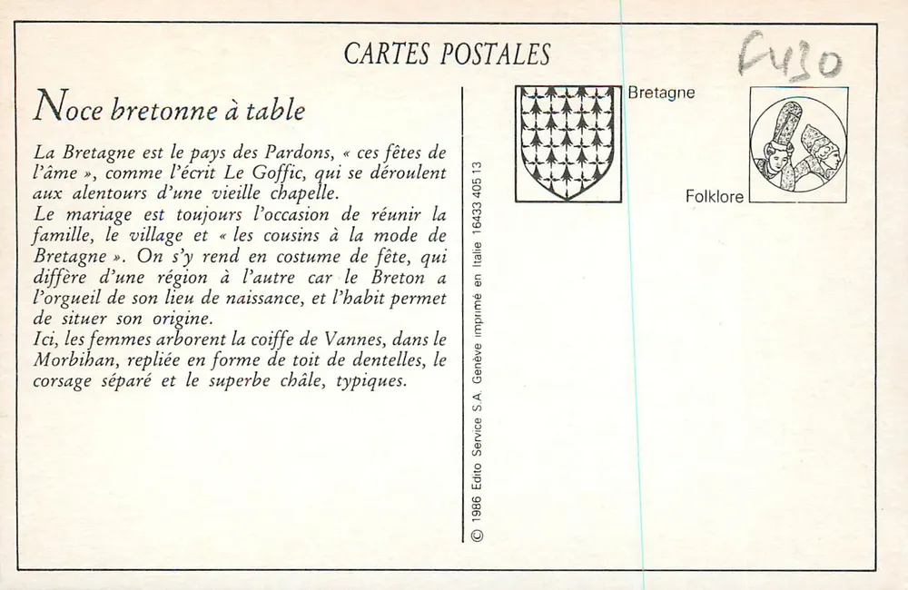 Arredores de VANNES - Noiva Bretã à mesa - Verso