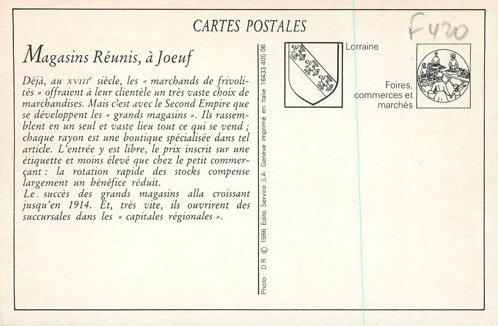 Haus der Vereinigten Geschäfte — Jœuf, Rue de Franchepré — Verleger: Photo Ménard, Frankreich - Rückseite