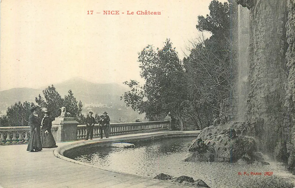 Nice - O Castelo — vista do jardim com fonte e cascata — B. F. PARK, n°17 - Frente