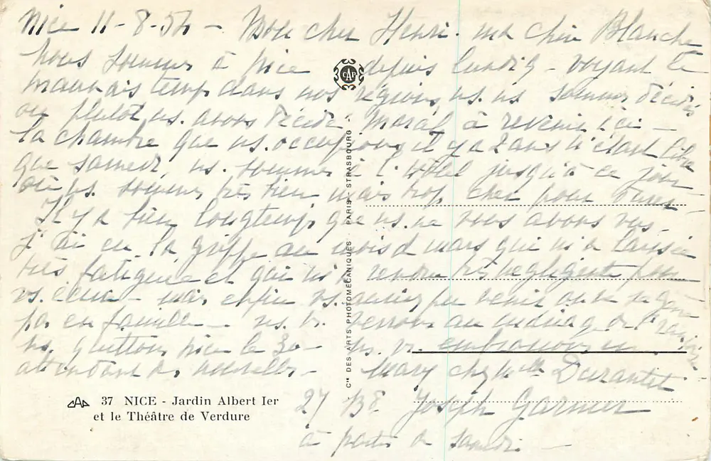 Nice - Jardin Albert Ier et le Théâtre de Verdure — C.M. des Arts Photomécaniques, Paris - Verso