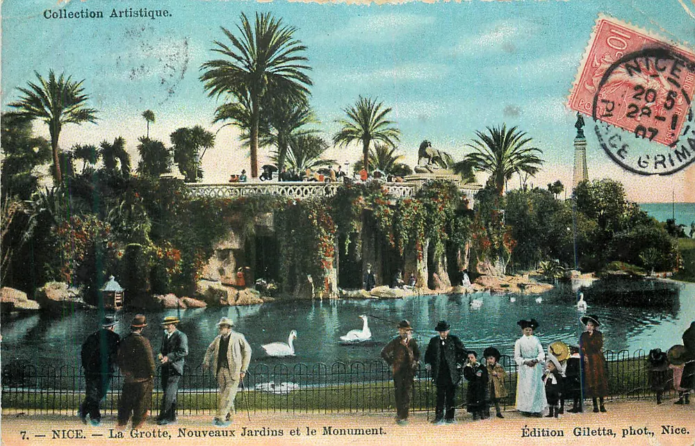 NICE — La Grotte, Nouveaux Jardins et le Monument — Édition Giletta, phot., Nice - Recto