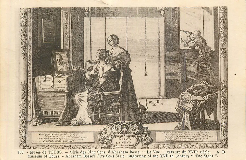 Musée de Tours — Série des Cinq Sens, d'Abraham Bosse. "La Vue", gravure du XVIIe siècle. - Recto