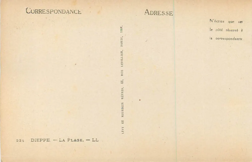 Dieppe — A Praia — 224 — Editor Lévy e Neurden Réunis, Paris - Verso