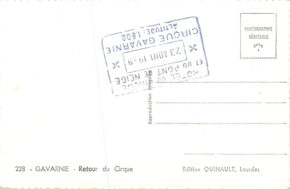 Retorno do Circo — Gavarnie — Edição Quinault, Lourdes - Verso
