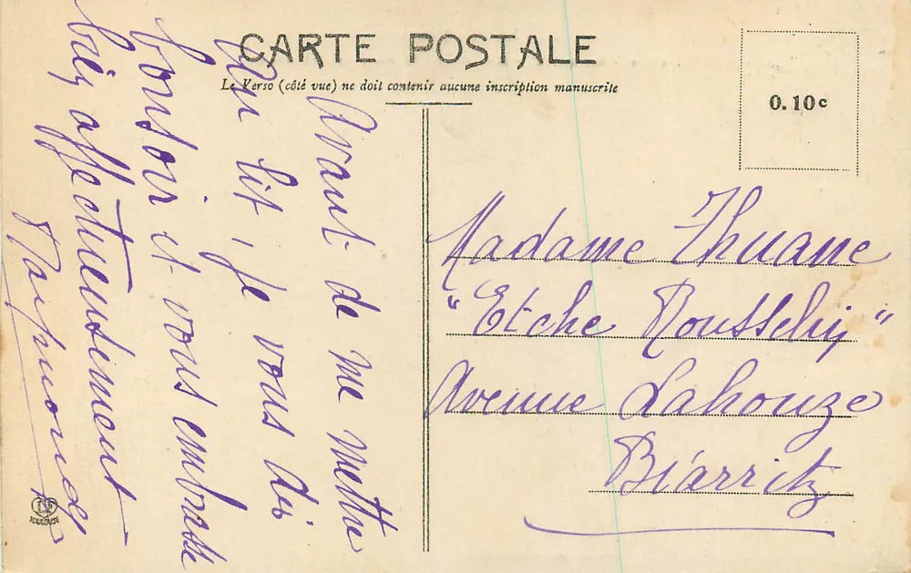 Biarritz — Rauer Meer bei der Fischereihafen — Les Basses-Pyrénées, Verlag Pastiure, Nr. 1190 B - Rückseite