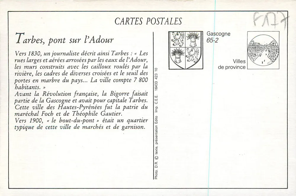 Tarbes — Pont sobre o Adour — A.V.T. n°9 - Verso