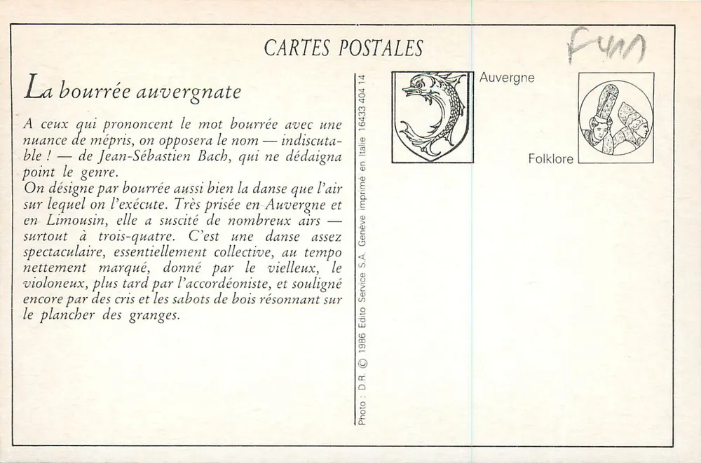La bourrée auvergnate — volksdans — Uitgever S.A. Geneve - Achterkant