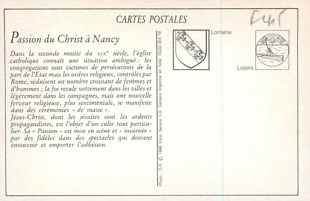 Paixão do Cristo em Nancy — representação em 1914 — Edições Service S.A. - Verso