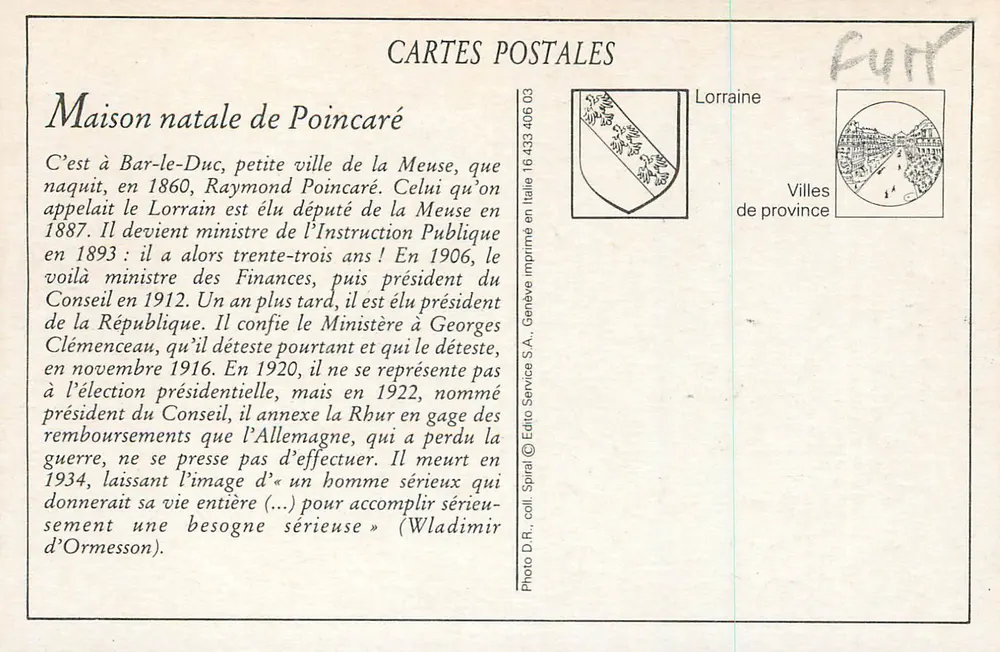 Bar-le-Duc — Geburtsort von M. R. Poincaré — Edition der Magasins Réunis - Rückseite
