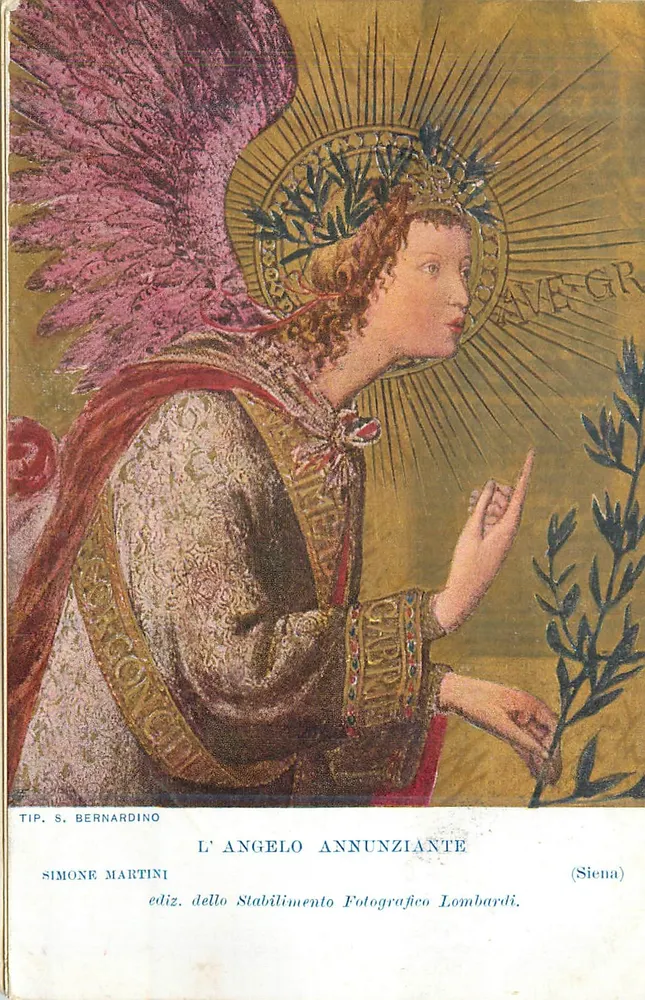 L'ANGELO ANNUNZIANTE — reproduction d'un ange avec ailes roses et auréole, éditeur TIP. S. BERNARDINO (Sienne) - Frente