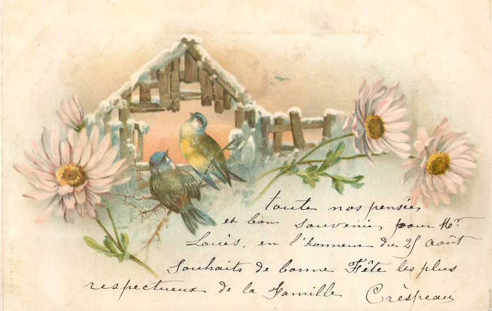 Paisagem invernal com pássaros — Carta postal multilíngue — editor não identificado - Frente
