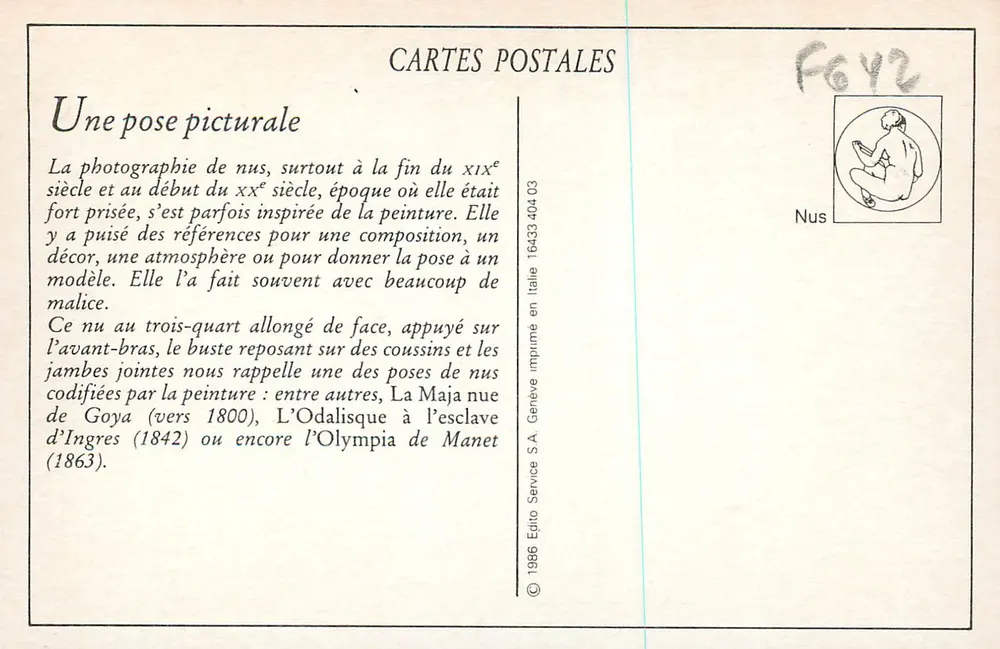Nus — pose artystyczna inspirowana malarstwem — Édito Service S.A. Genève - Rewers