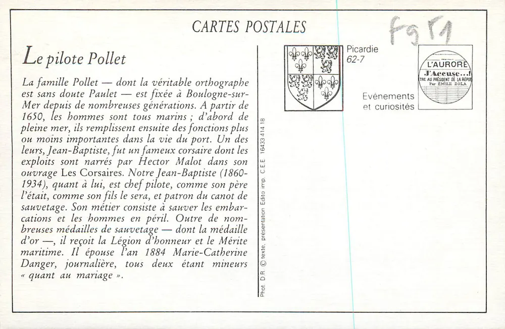 Boulogne-sur-Mer — El piloto Pollet, Capitán de la embarcación de rescate — LL. — N° 277 - Reverso