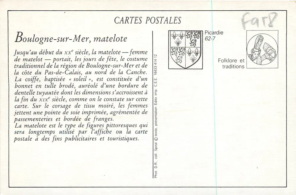 Boulogne-sur-Mer — matelote em traje tradicional — Édito C.E.E. n° 62-7 - Verso