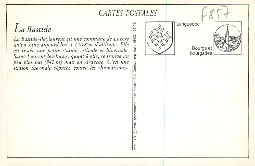 La Bastide — Ankunft über Route de St-Laurent-les-Bains (Höhe 1024 m.) — Luftkur — La Lozère Illustrée Nr. 2489 - Rückseite