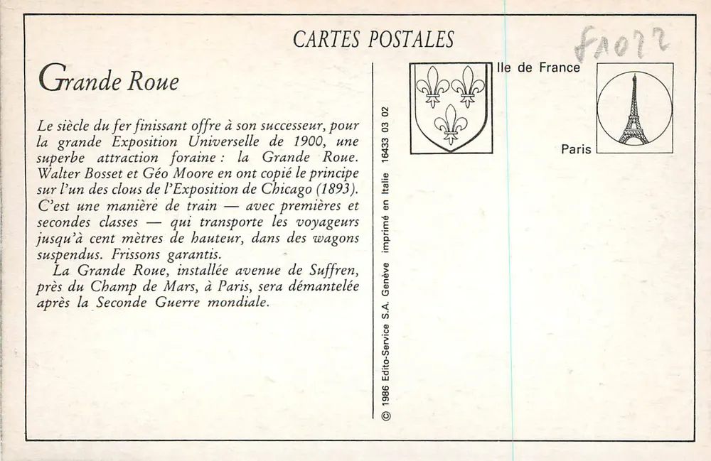 A Grande Roda — Paris — Editor E.M. n°3064 - Verso