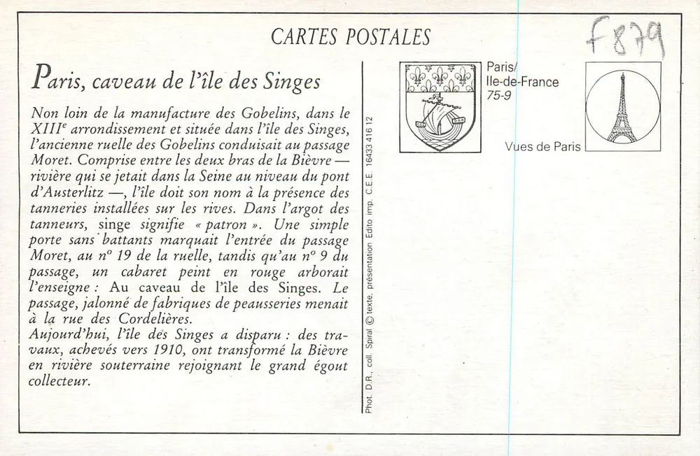 O Célebre Cabaré do Caveau da Ilha dos Macacos — Passage Moret — Vues Paris Artistique et Pittoresque n°199 - Verso