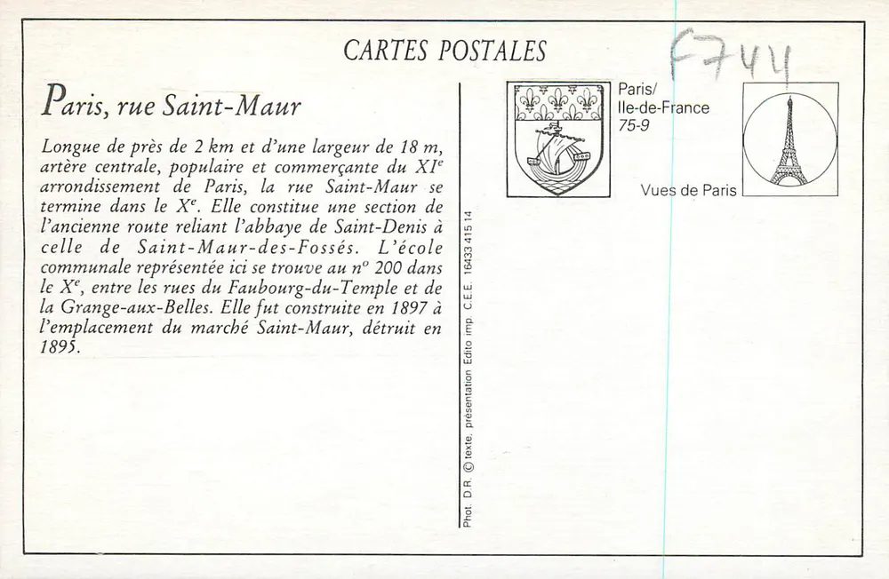 Rue Saint-Maur — Saída das Escolas — Tout Paris, n° 514 - Verso