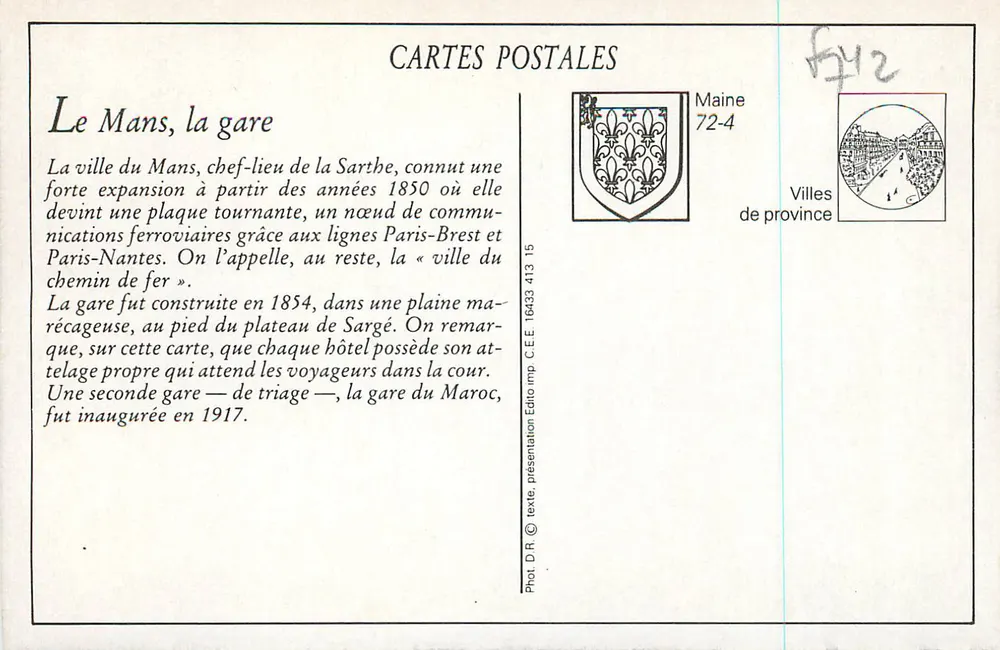 Le Mans. A Estação — Fototipia J. Bourrerec, Le Mans - Verso